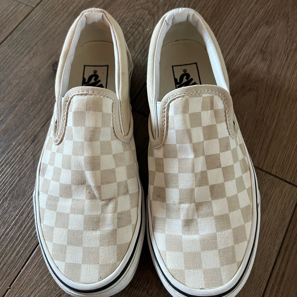 Vans Checkered Slip-On Shoes - Beige and White